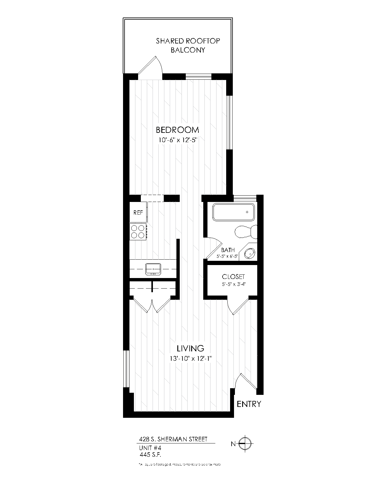 Floor plan for 1 bed, 1 bath, 460 sqft